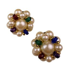 Vintage Mimi Di N Gold Tone Faux Pearl Crystal Clip-On Earrings Multicolor